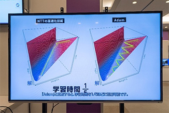 NTTが開発した開発した技術（左）を利用すれば、既存の技術（右）よりも学習時間が最大で1/5となる DISTANCE」
