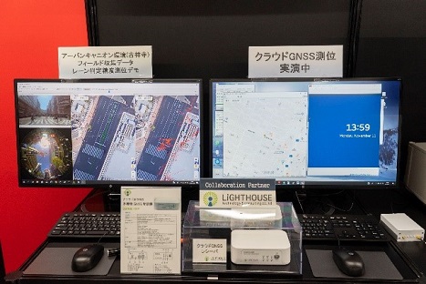 写真３２：吉祥寺駅前の一般道におけるレーン判定測位と従来のコード測位結果の比較、シミュレーションで生成した疑似GNSS信号を使用したクラウドで処理による測位デモンストレーションの様子