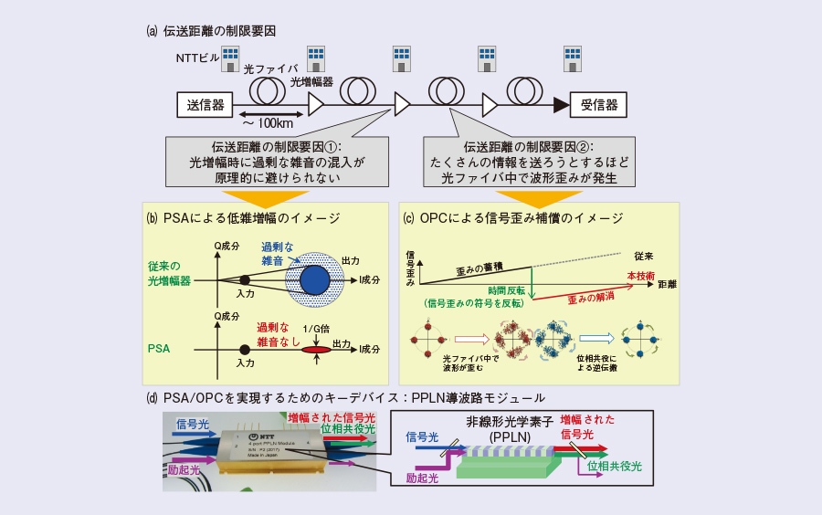 図1　PPLN導波路を用いた光パラメトリック増幅による低雑音高出力中継技術