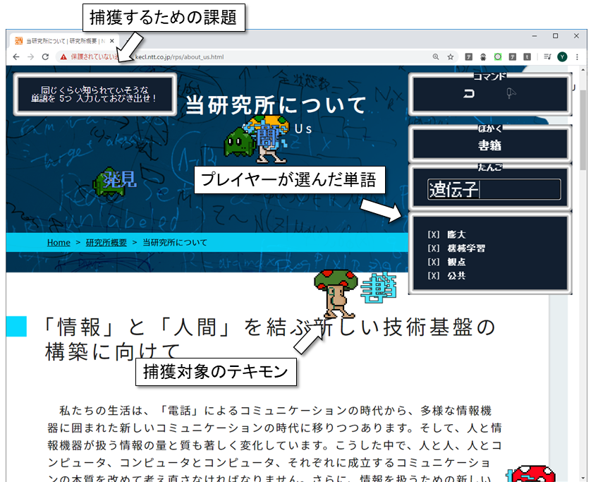 【図3】テキモンを捕獲するにはテキモンの単語と同じぐらい知られている単語を5つ入力する（捕獲ゲームと呼ぶ）。