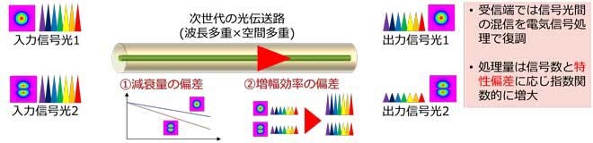 モード多重光伝送路における光強度偏差の発生要因と信号処理との関係