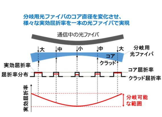 分岐用光ファイバのコア直径を変化させた構造